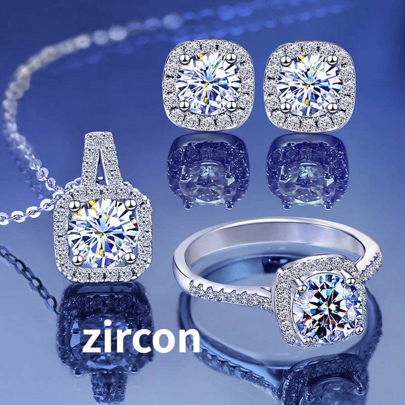 Sterling Silver 3-Piece Moissanite Jewelry Set - 1ct Necklace Ring Earrings BandsCo Straps