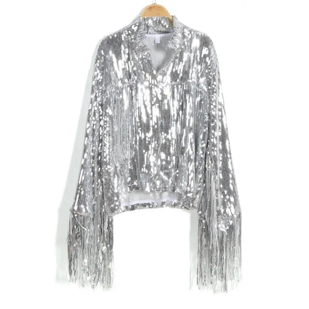 Sterlling Women's Tassel Sequin Jacket Autumn Winter Streewear Rock Stylish Long-sleeved Silver Reflective Jacket Women Outwear Tops Stevvex