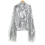 Sterlling Women's Tassel Sequin Jacket Autumn Winter Streewear Rock Stylish Long-sleeved Silver Reflective Jacket Women Outwear Tops Stevvex