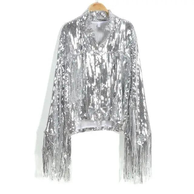 Sterlling Women's Tassel Sequin Jacket Autumn Winter Streewear Rock Stylish Long-sleeved Silver Reflective Jacket Women Outwear Tops Stevvex