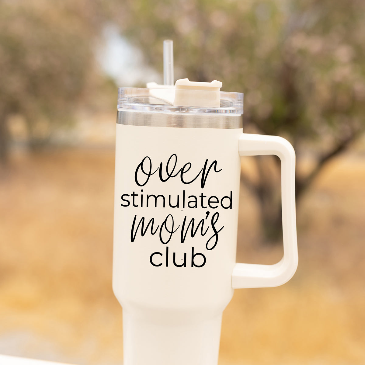 Over Stimulated 40oz Insulated Travel Mug With Handle Lid Straw Moms Tumbler BandsCo Straps