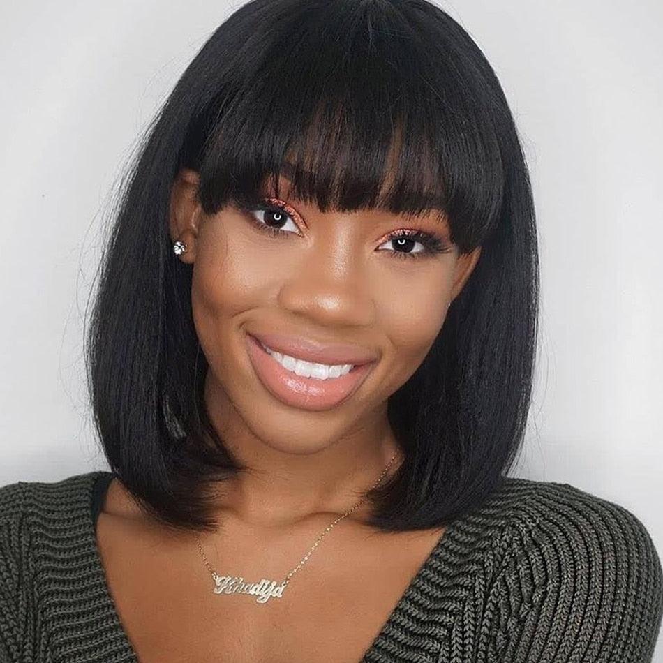 Straight Bob Human Hair Wigs With Bangs Short Brazilian Human Hair Bob Wigs For Woman No Lace Full Machine Made Human Hair Wigs For Black Women Gifts for Girlfriends Stevvex