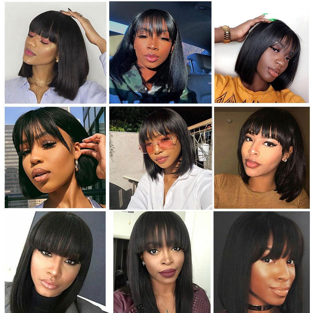 Straight Bob Human Hair Wigs With Bangs Short Brazilian Human Hair Bob Wigs For Woman No Lace Full Machine Made Human Hair Wigs For Black Women Gifts for Girlfriends Stevvex