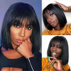 Straight Bob Human Hair Wigs With Bangs Short Brazilian Human Hair Bob Wigs For Woman No Lace Full Machine Made Human Hair Wigs For Black Women Gifts for Girlfriends Stevvex