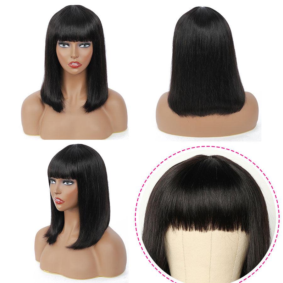 Straight Bob Human Hair Wigs With Bangs Short Brazilian Human Hair Bob Wigs For Woman No Lace Full Machine Made Human Hair Wigs For Black Women Gifts for Girlfriends Stevvex