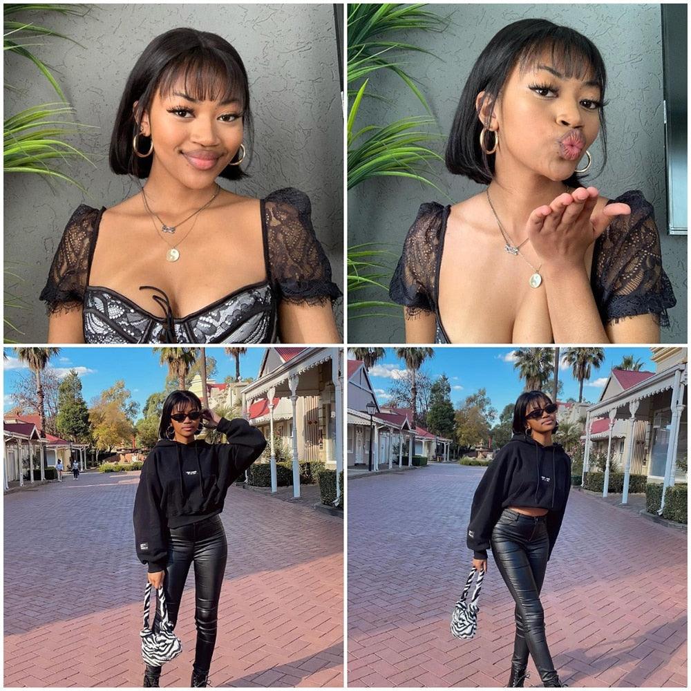 Straight Bob Wig Human Hair Wig With Bangs Short Bob Human Hair Wigs For Women Brazilian Straight Fringe Human Hair Wigs For Black Women Gifts for Girlfriends Stevvex