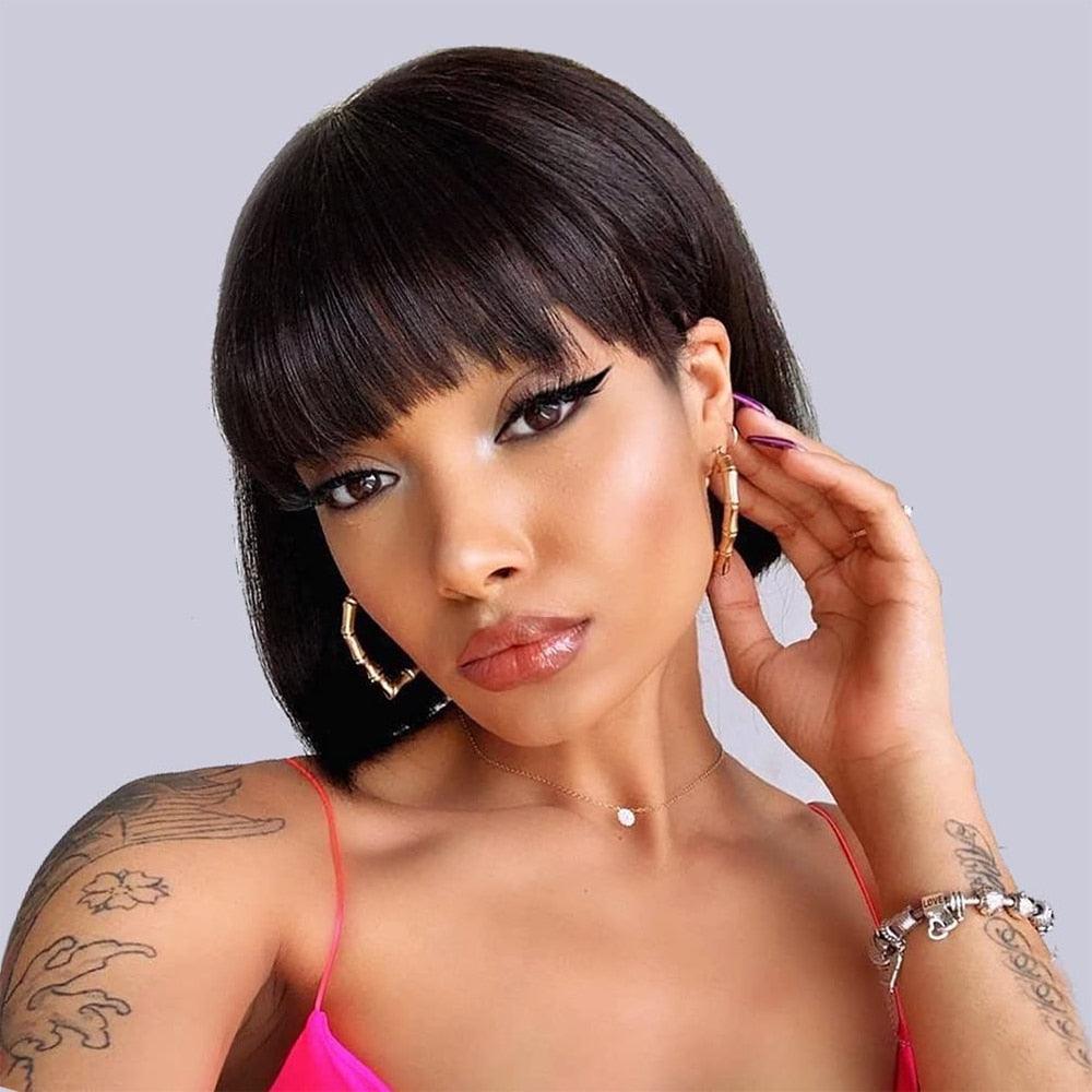 Straight Bob Wig Human Hair Wig With Bangs Short Bob Human Hair Wigs For Women Brazilian Straight Fringe Human Hair Wigs For Black Women Gifts for Girlfriends Stevvex