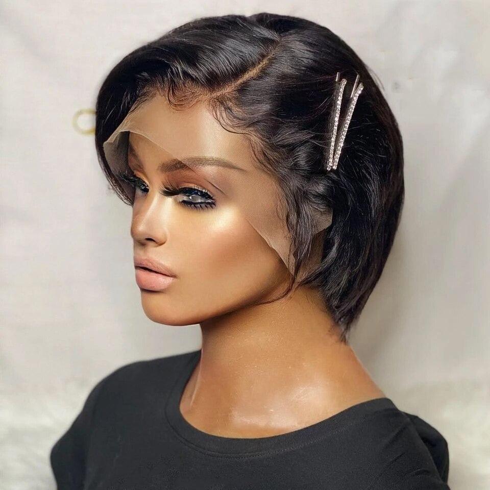 Straight Pixie Cut Wig Side Part Lace Front Human Hair Wigs Pre-plucked for Black Women Brazilian Bob Wig Transparent Lace Wigs Human Hair Wigs For Black Women Gifts for Girlfriends Stevvex