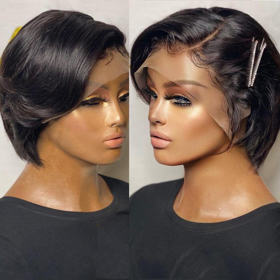 Straight Pixie Cut Wig Side Part Lace Front Human Hair Wigs Pre-plucked for Black Women Brazilian Bob Wig Transparent Lace Wigs Human Hair Wigs For Black Women Gifts for Girlfriends Stevvex