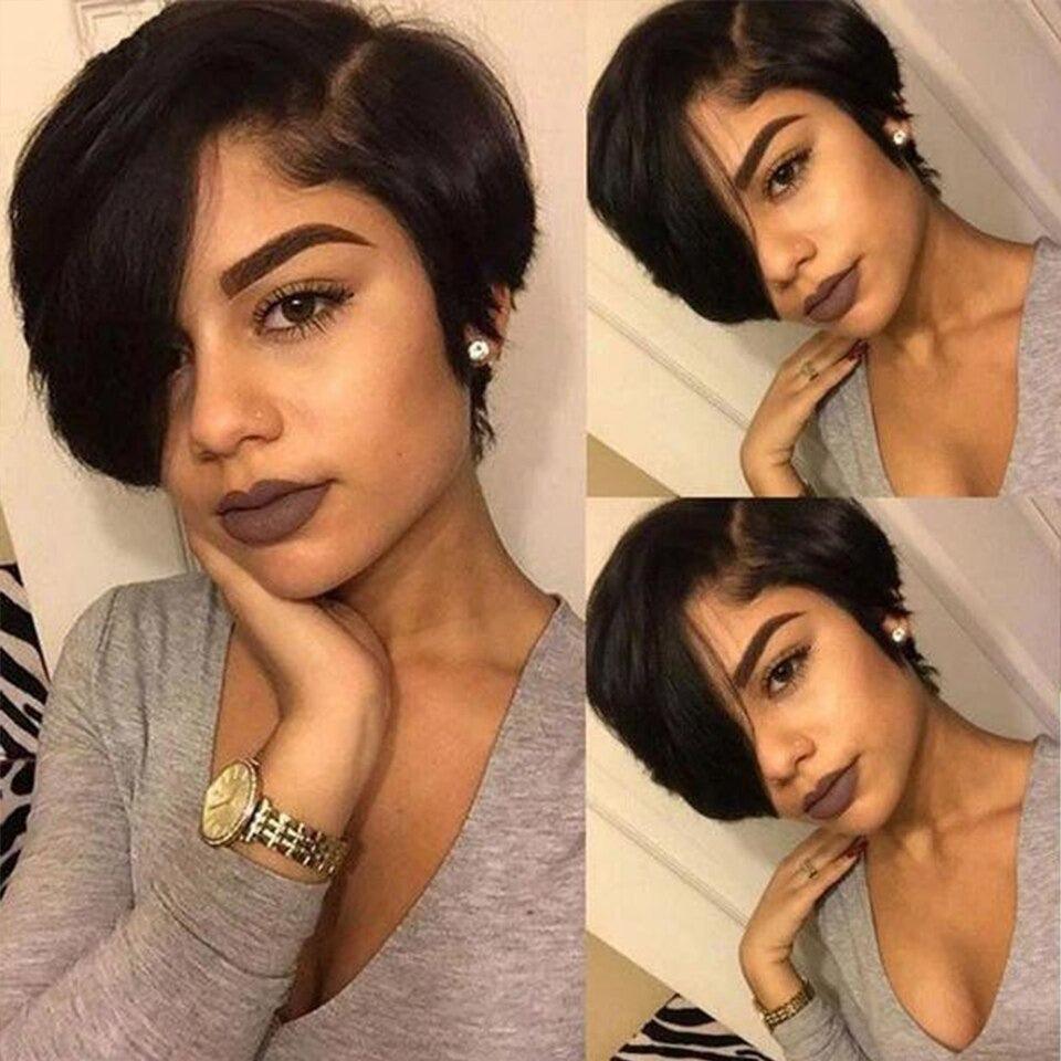 Straight Pixie Cut Wig Side Part Lace Front Human Hair Wigs Pre-plucked for Black Women Brazilian Bob Wig Transparent Lace Wigs Human Hair Wigs For Black Women Gifts for Girlfriends Stevvex