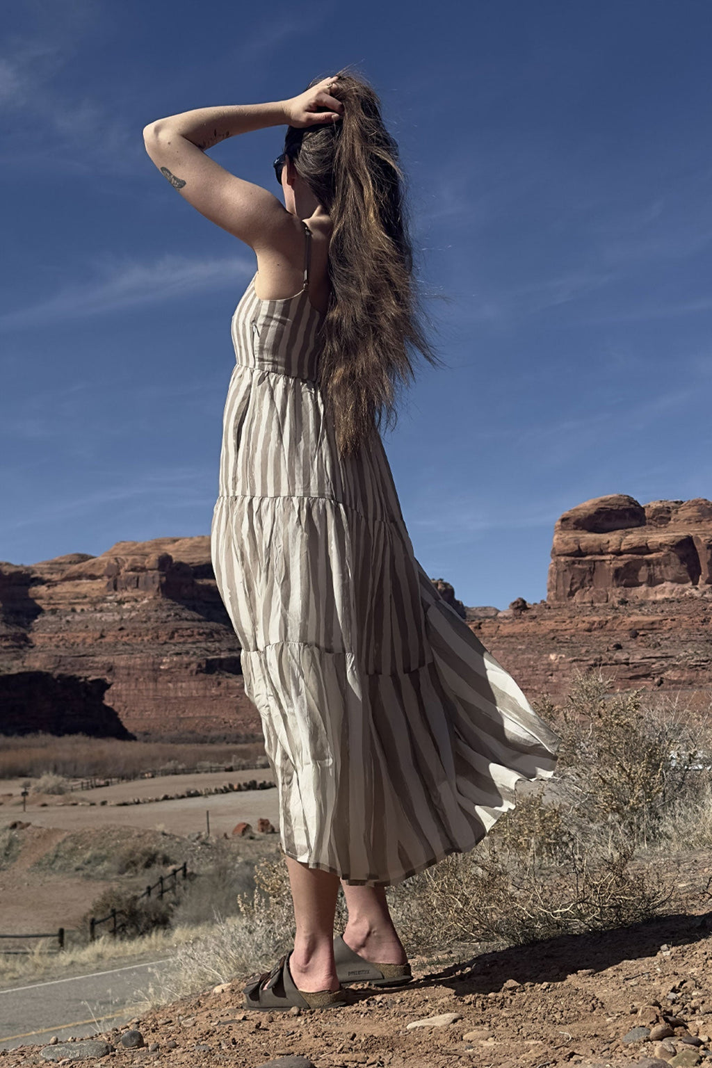 Strappy Tiered Maxi Dress in Beige Stripes Purplish Diva