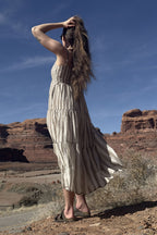 Strappy Tiered Maxi Dress in Beige Stripes Purplish Diva