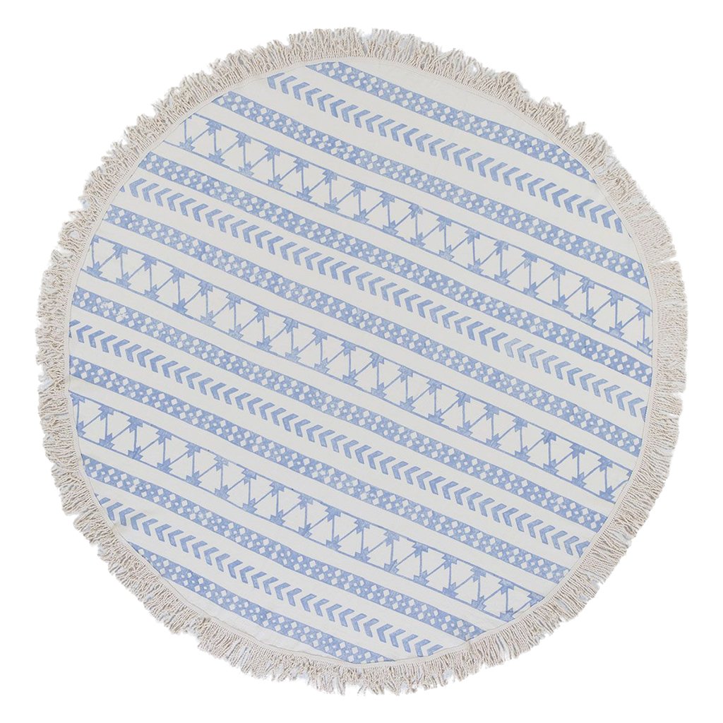 Stripe Block Print Roundie Beach Blanket 64in Turkish Cotton Lightweight BandsCo Straps