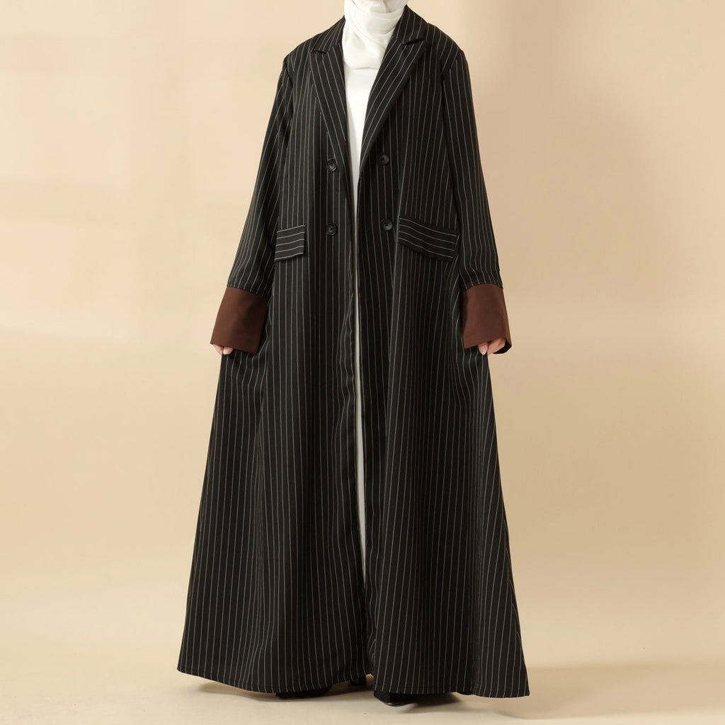 Striped Contrast Color Commuting Double-Breasted Trench Coat Open Abaya (MOA123)