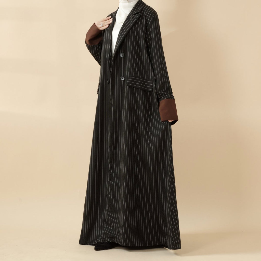 Striped Contrast Color Commuting Double-Breasted Trench Coat Open Abaya (MOA123)