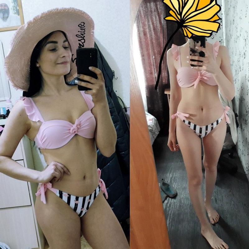 Striped Lace Ruffle Push Up Women Swimsuit Female Swimwear Bra Cup Bikini Set High Cut Bathing Suit Women Two Piece Swimsuits Push Up Bikini Sets Bathing Suits Ruffle Bikini Tops With Bottoms For Teen Girls Stevvex