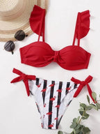Striped Lace Ruffle Push Up Women Swimsuit Female Swimwear Bra Cup Bikini Set High Cut Bathing Suit Women Two Piece Swimsuits Push Up Bikini Sets Bathing Suits Ruffle Bikini Tops With Bottoms For Teen Girls Stevvex