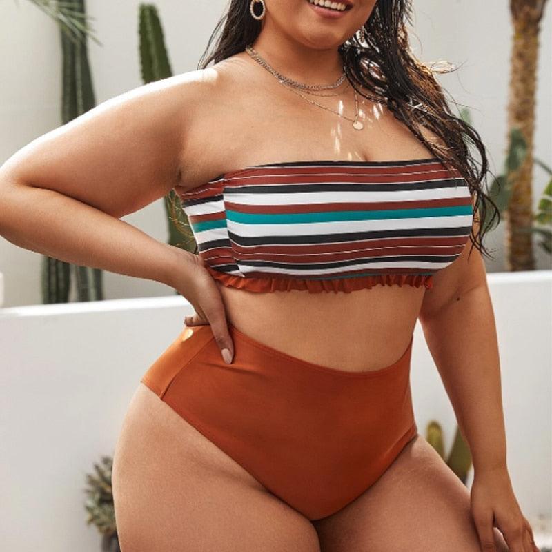 Striped Plus Size Women 2 Pieces Bikini Women's Plus Size Bathing Suits Two Piece High Cut Bikini Sets Waist Swimsuits Swimwear Large Size Swimsuit Off Shoulder High Waist Bathing Suit High Cut Swimwear Stevvex