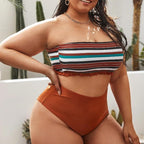 Striped Plus Size Women 2 Pieces Bikini Women's Plus Size Bathing Suits Two Piece High Cut Bikini Sets Waist Swimsuits Swimwear Large Size Swimsuit Off Shoulder High Waist Bathing Suit High Cut Swimwear Stevvex