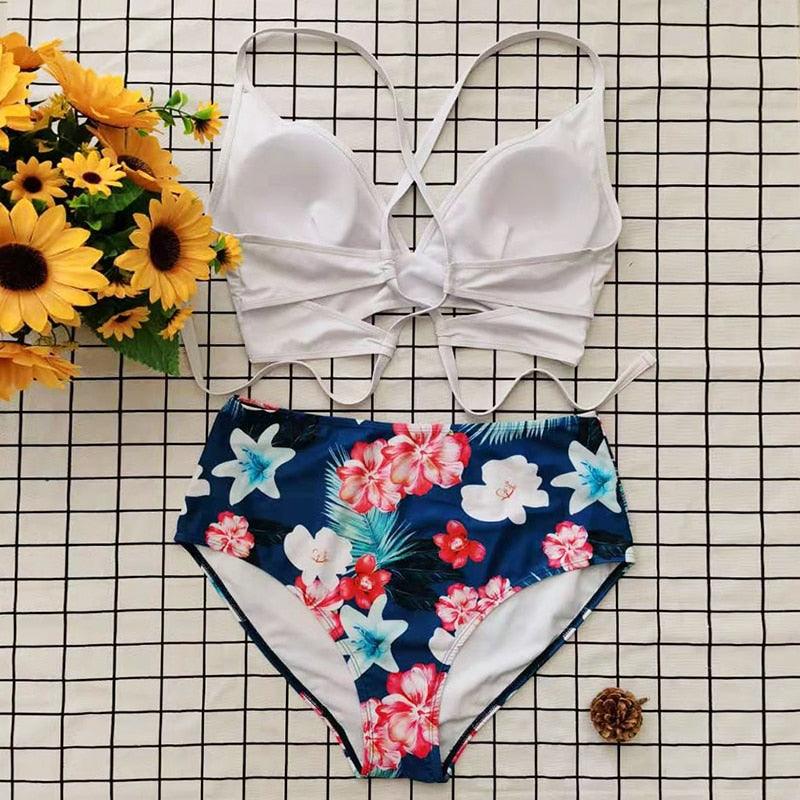 Striped Plus Size Women 2 Pieces Bikini Women's Plus Size Bathing Suits Two Piece High Cut Bikini Sets Waist Swimsuits Swimwear Large Size Swimsuit Off Shoulder High Waist Bathing Suit High Cut Swimwear Stevvex