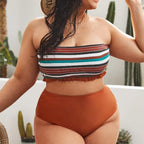 Striped Plus Size Women 2 Pieces Bikini Women's Plus Size Bathing Suits Two Piece High Cut Bikini Sets Waist Swimsuits Swimwear Large Size Swimsuit Off Shoulder High Waist Bathing Suit High Cut Swimwear Stevvex