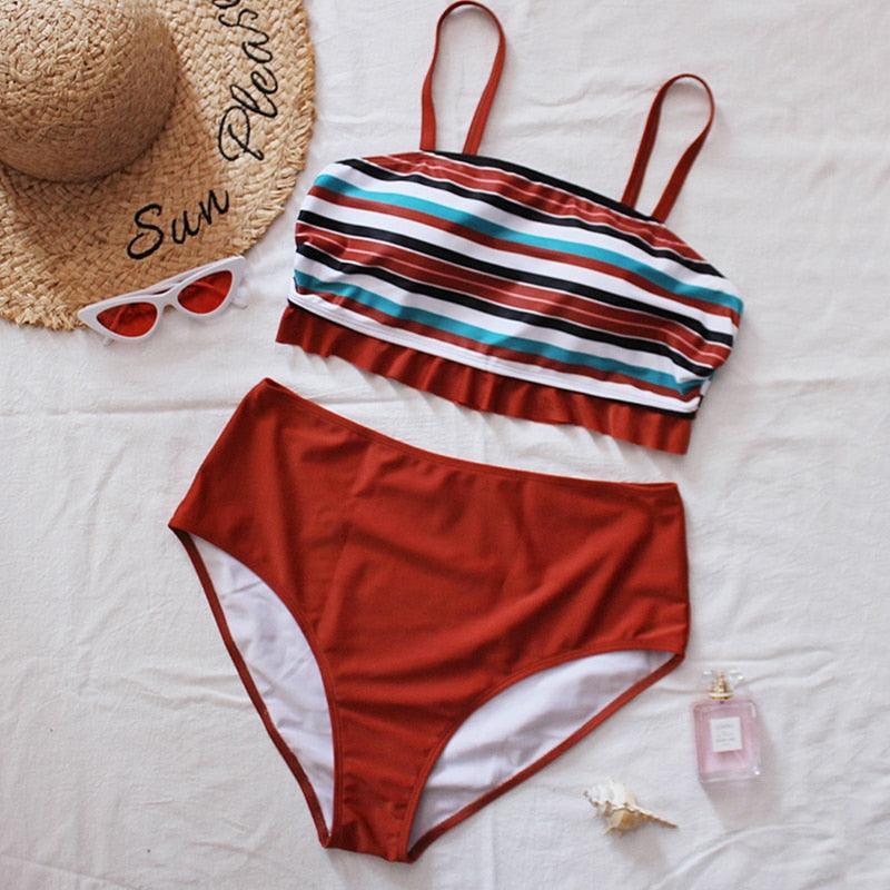 Striped Plus Size Women 2 Pieces Bikini Women's Plus Size Bathing Suits Two Piece High Cut Bikini Sets Waist Swimsuits Swimwear Large Size Swimsuit Off Shoulder High Waist Bathing Suit High Cut Swimwear Stevvex