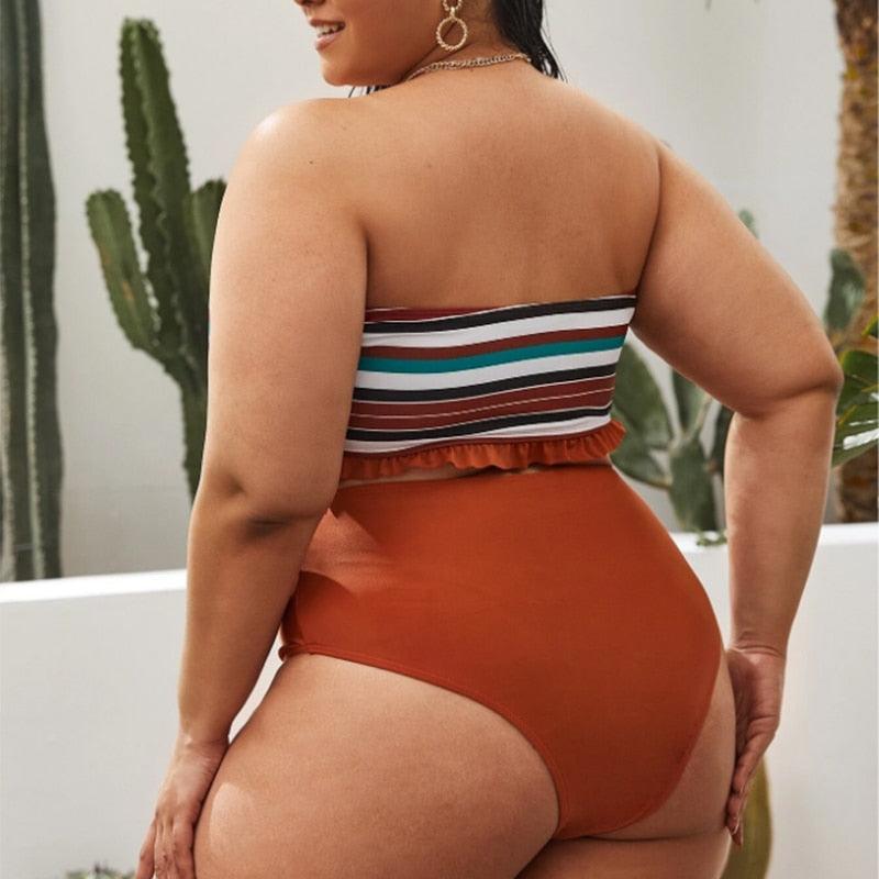 Striped Plus Size Women 2 Pieces Bikini Women's Plus Size Bathing Suits Two Piece High Cut Bikini Sets Waist Swimsuits Swimwear Large Size Swimsuit Off Shoulder High Waist Bathing Suit High Cut Swimwear Stevvex