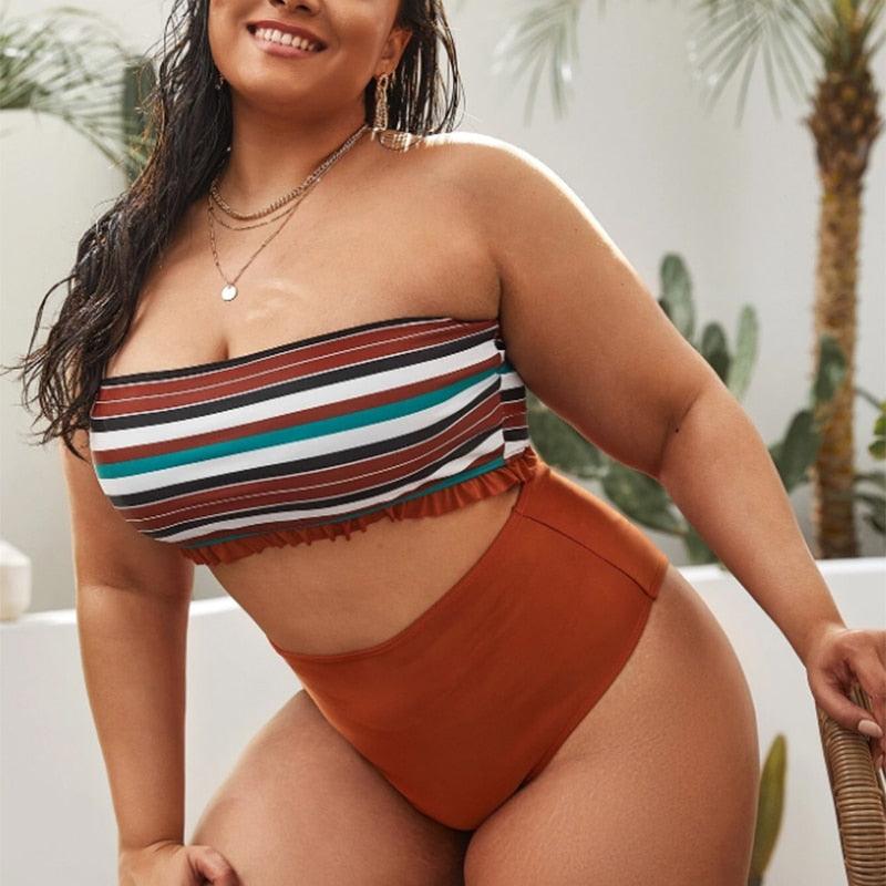Striped Plus Size Women 2 Pieces Bikini Women's Plus Size Bathing Suits Two Piece High Cut Bikini Sets Waist Swimsuits Swimwear Large Size Swimsuit Off Shoulder High Waist Bathing Suit High Cut Swimwear Stevvex