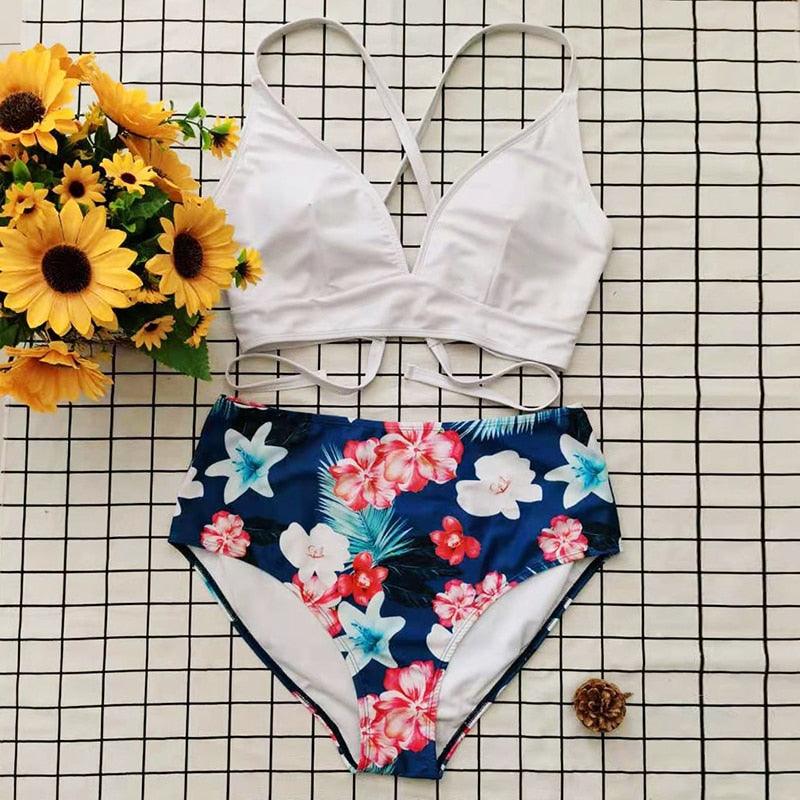 Striped Plus Size Women 2 Pieces Bikini Women's Plus Size Bathing Suits Two Piece High Cut Bikini Sets Waist Swimsuits Swimwear Large Size Swimsuit Off Shoulder High Waist Bathing Suit High Cut Swimwear Stevvex