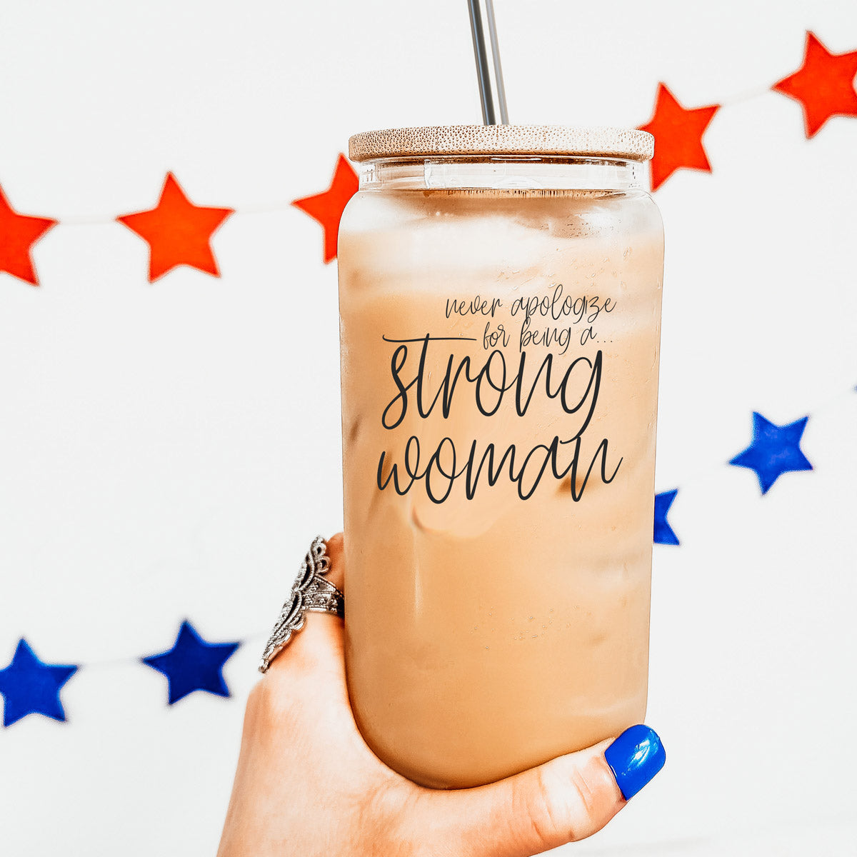 Strong Woman 17oz Glass Tumbler With Bamboo Lid And Stainless Straws - Gift BandsCo Straps