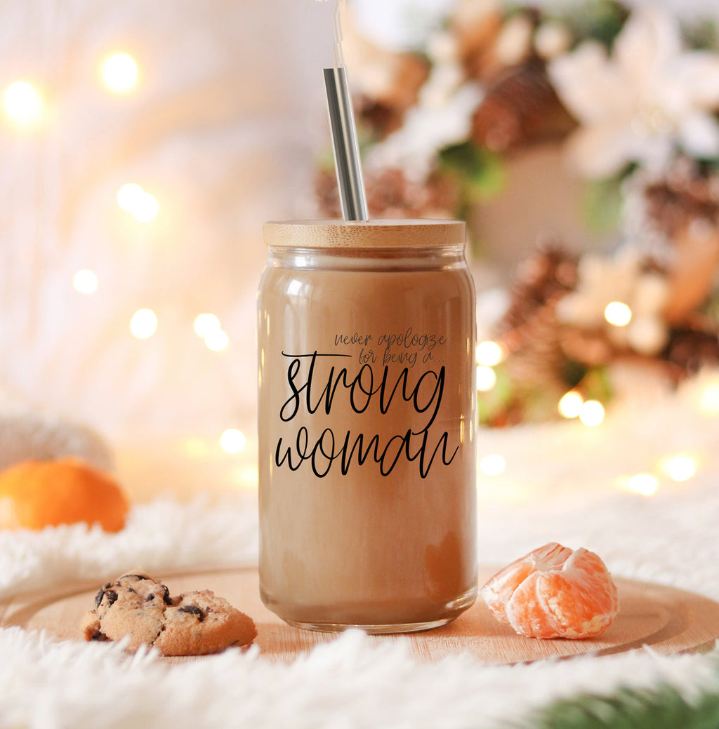 Strong Woman 17oz Glass Tumbler With Bamboo Lid And Stainless Straws - Gift BandsCo Straps