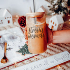 Strong Woman 17oz Glass Tumbler With Bamboo Lid And Stainless Straws - Gift BandsCo Straps