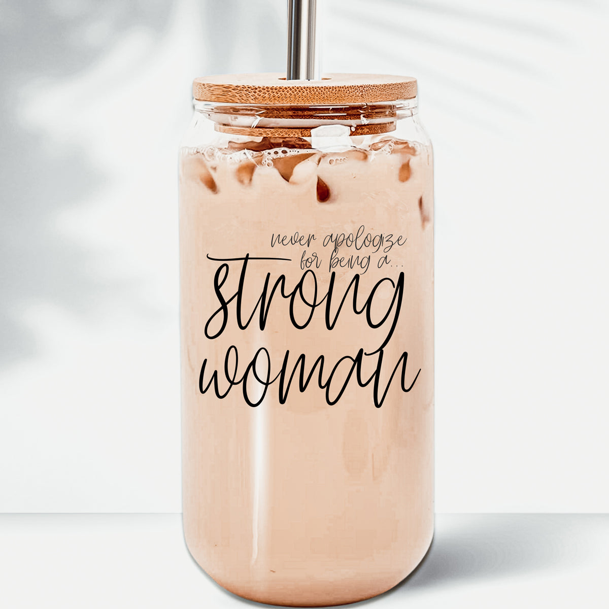 Strong Woman 17oz Glass Tumbler With Bamboo Lid And Stainless Straws - Gift BandsCo Straps