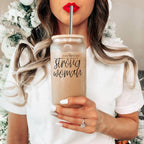 Strong Woman 17oz Glass Tumbler With Bamboo Lid And Stainless Straws - Gift BandsCo Straps