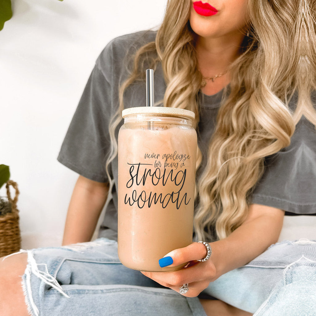 Strong Woman 17oz Glass Tumbler With Bamboo Lid And Stainless Straws - Gift BandsCo Straps