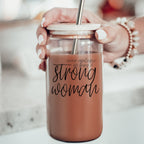 Strong Woman 17oz Glass Tumbler With Bamboo Lid And Stainless Straws - Gift BandsCo Straps