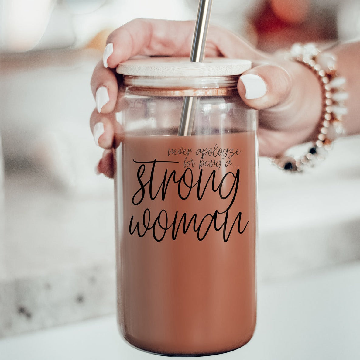 Strong Woman 17oz Glass Tumbler With Bamboo Lid And Stainless Straws - Gift BandsCo Straps