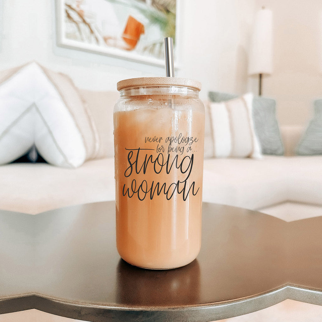 Strong Woman 17oz Glass Tumbler With Bamboo Lid And Stainless Straws - Gift BandsCo Straps