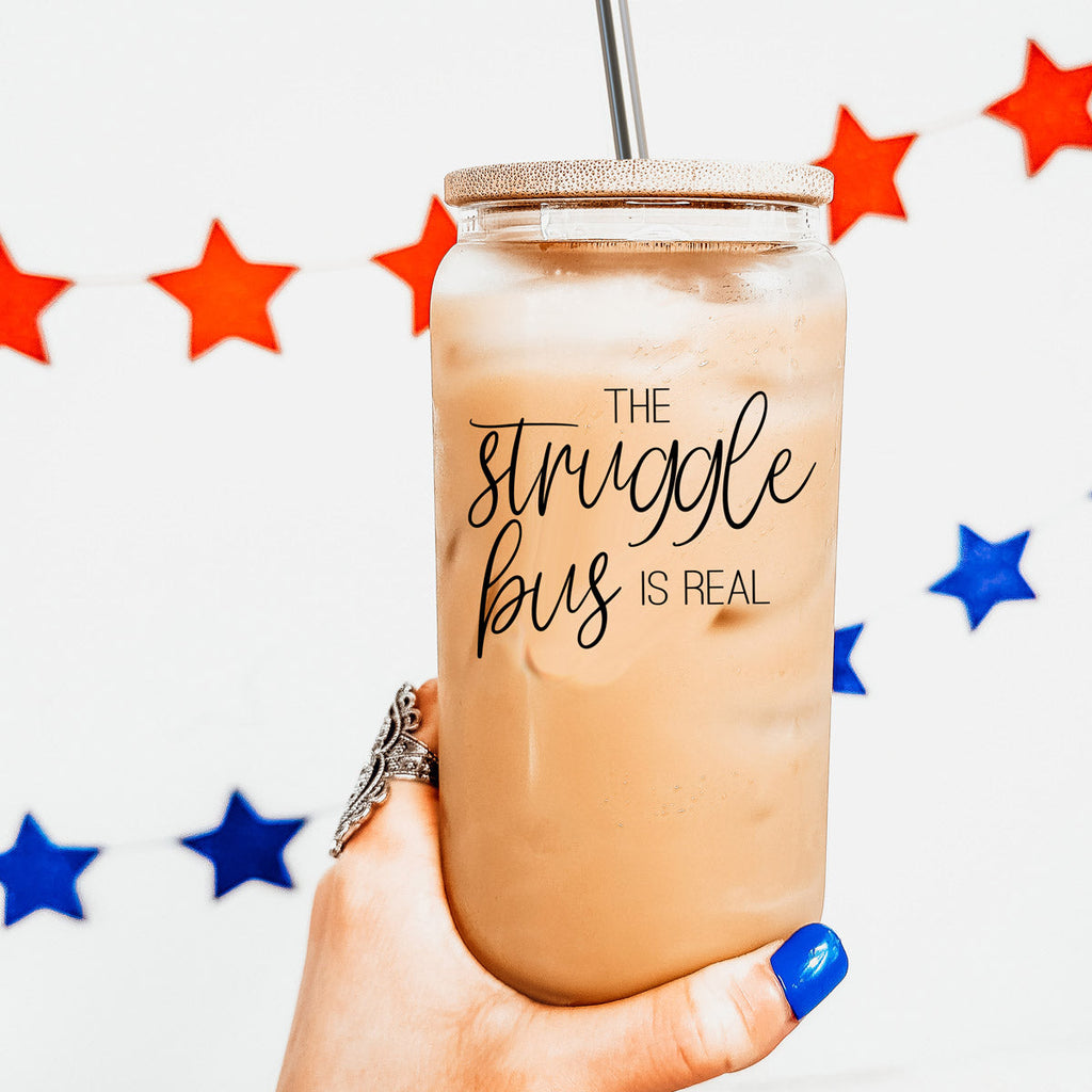 Struggle Bus 17oz Glass Tumbler Bamboo Lid 2 SS Straws and Cleaner Brush BandsCo Straps