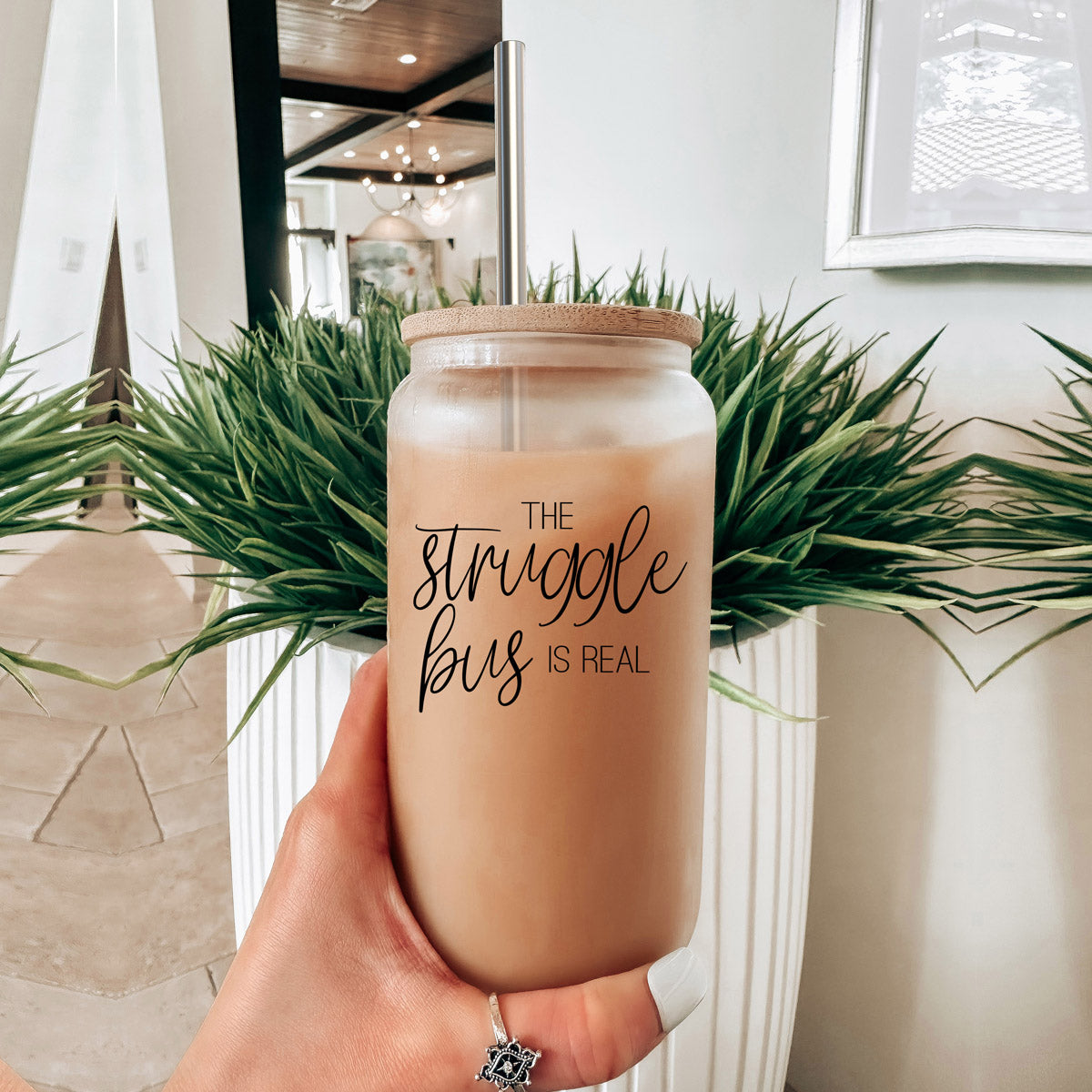 Struggle Bus 17oz Glass Tumbler Bamboo Lid 2 SS Straws and Cleaner Brush BandsCo Straps
