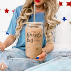 Struggle Bus 17oz Glass Tumbler Bamboo Lid 2 SS Straws and Cleaner Brush BandsCo Straps