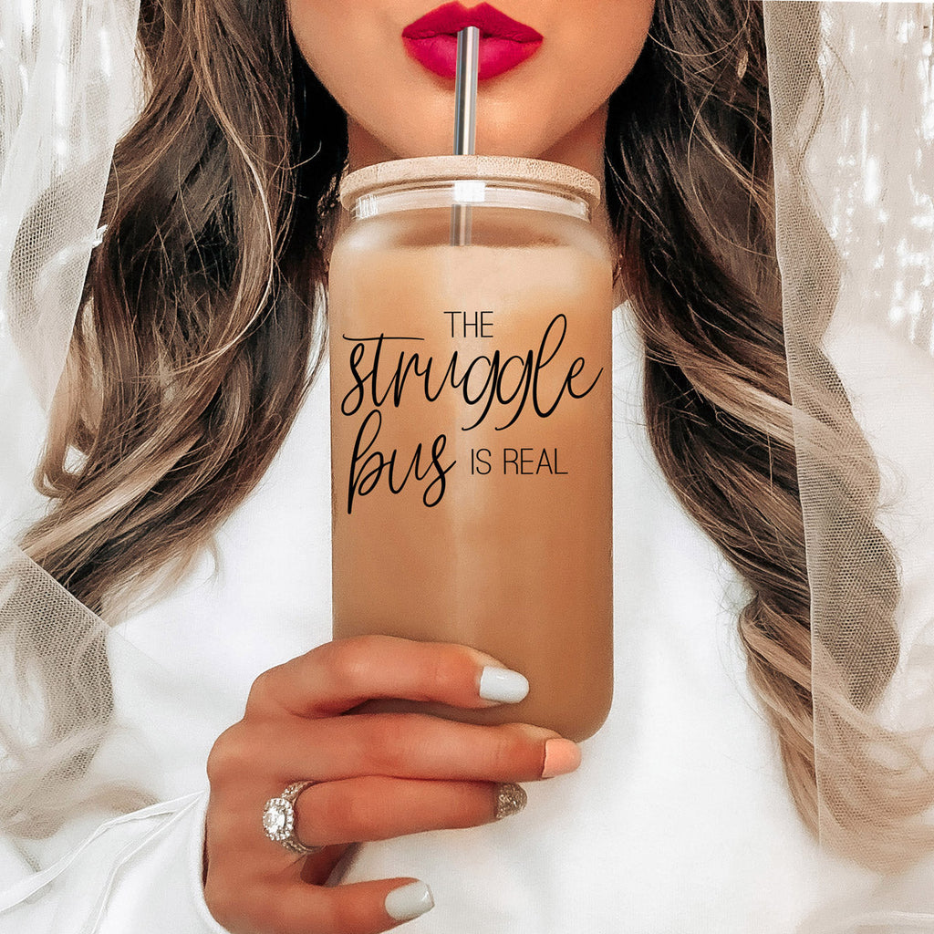 Struggle Bus 17oz Glass Tumbler Bamboo Lid 2 SS Straws and Cleaner Brush BandsCo Straps
