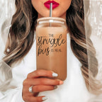 Struggle Bus 17oz Glass Tumbler Bamboo Lid 2 SS Straws and Cleaner Brush BandsCo Straps