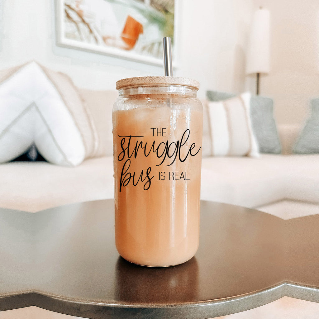 Struggle Bus 17oz Glass Tumbler Bamboo Lid 2 SS Straws and Cleaner Brush BandsCo Straps