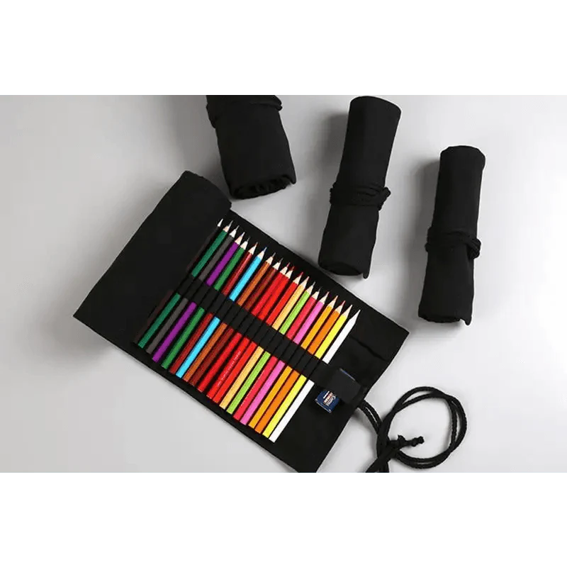 Students Roll Design Black Color Pencil Retro Canvas Wrap Up Pencil Case High Quality Stationary Pouch Stevvex