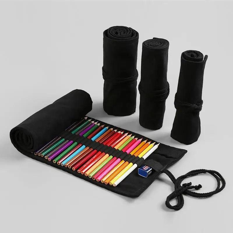 Students Roll Design Black Color Pencil Retro Canvas Wrap Up Pencil Case High Quality Stationary Pouch Stevvex