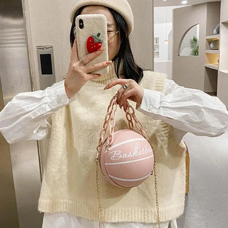 Stunning Ball Purses For Teenagers And Women Stylish Shoulder Bags, Crossbody Chain Hand Bags Personalit Leather Pink Basketball Bag For Females Stevvex