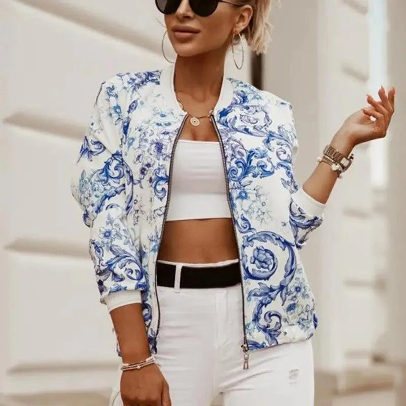 Stunning Flower Print Long Sleeve Women's Bomber Jacket Fashionable Zipper Up Vintage Coat Tops Elegant Slim Basic Ladies Jackets Outwear Stevvex