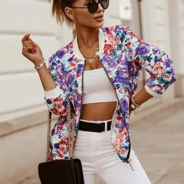 Stunning Flower Print Long Sleeve Women's Bomber Jacket Fashionable Zipper Up Vintage Coat Tops Elegant Slim Basic Ladies Jackets Outwear Stevvex