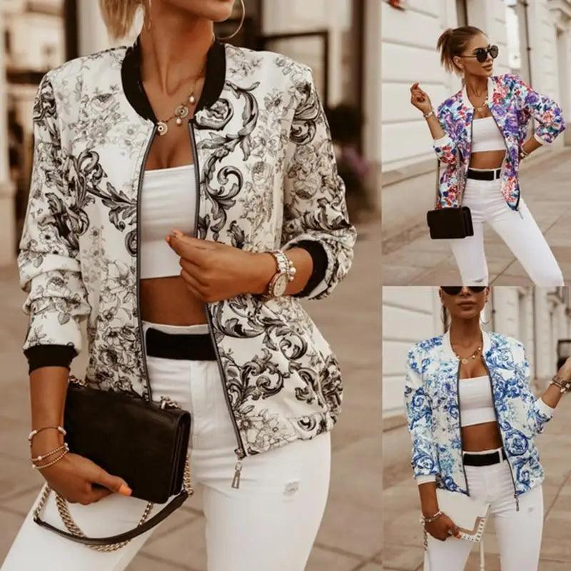 Stunning Flower Print Long Sleeve Women's Bomber Jacket Fashionable Zipper Up Vintage Coat Tops Elegant Slim Basic Ladies Jackets Outwear Stevvex